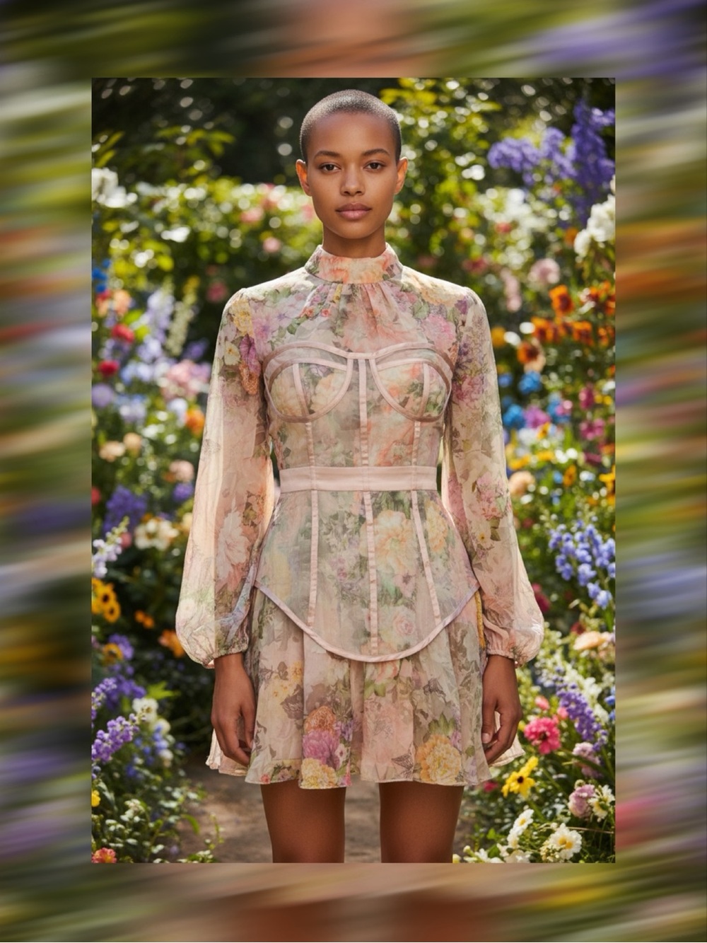 Miss Ord Floral Corset Mini Dress M Sheer Puff Sleeve Cottagecore Pink